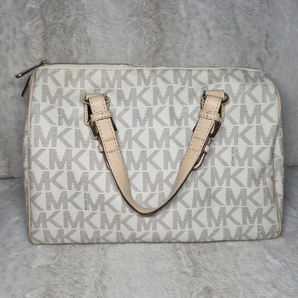 Michael Kors White and Tan Signature Satchel Purse Perfect For Everyday Styling - Picture 10 of 12